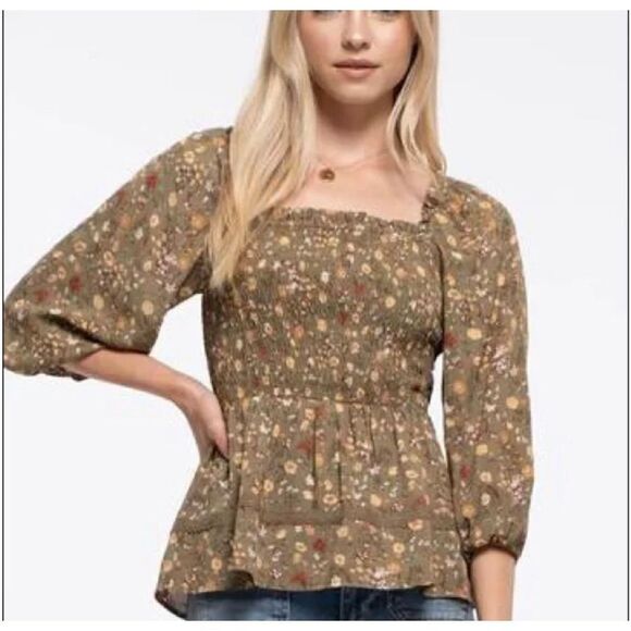 MINE green floral smocked shirt S - Picture 1 of 4